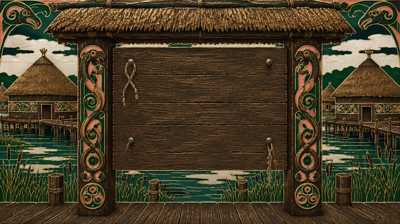 Papan permintaan dari kayu ek di bawah atap ilalang kecil, diapit dua tiang berukir, dengan rumah panggung Reedmere di belakangnya.