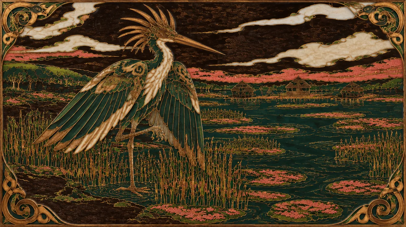 Heron King, bangau raksasa berparuh perunggu dengan jambul bulu perunggu, berdiri satu kaki di danau alang-alang. Desa panggung terlihat kecil di seberang.